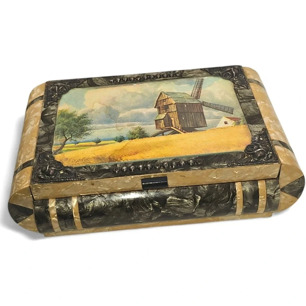 Vintage Musical Jewelry Box Windmill Scene Pearlized Finish - READ DESC